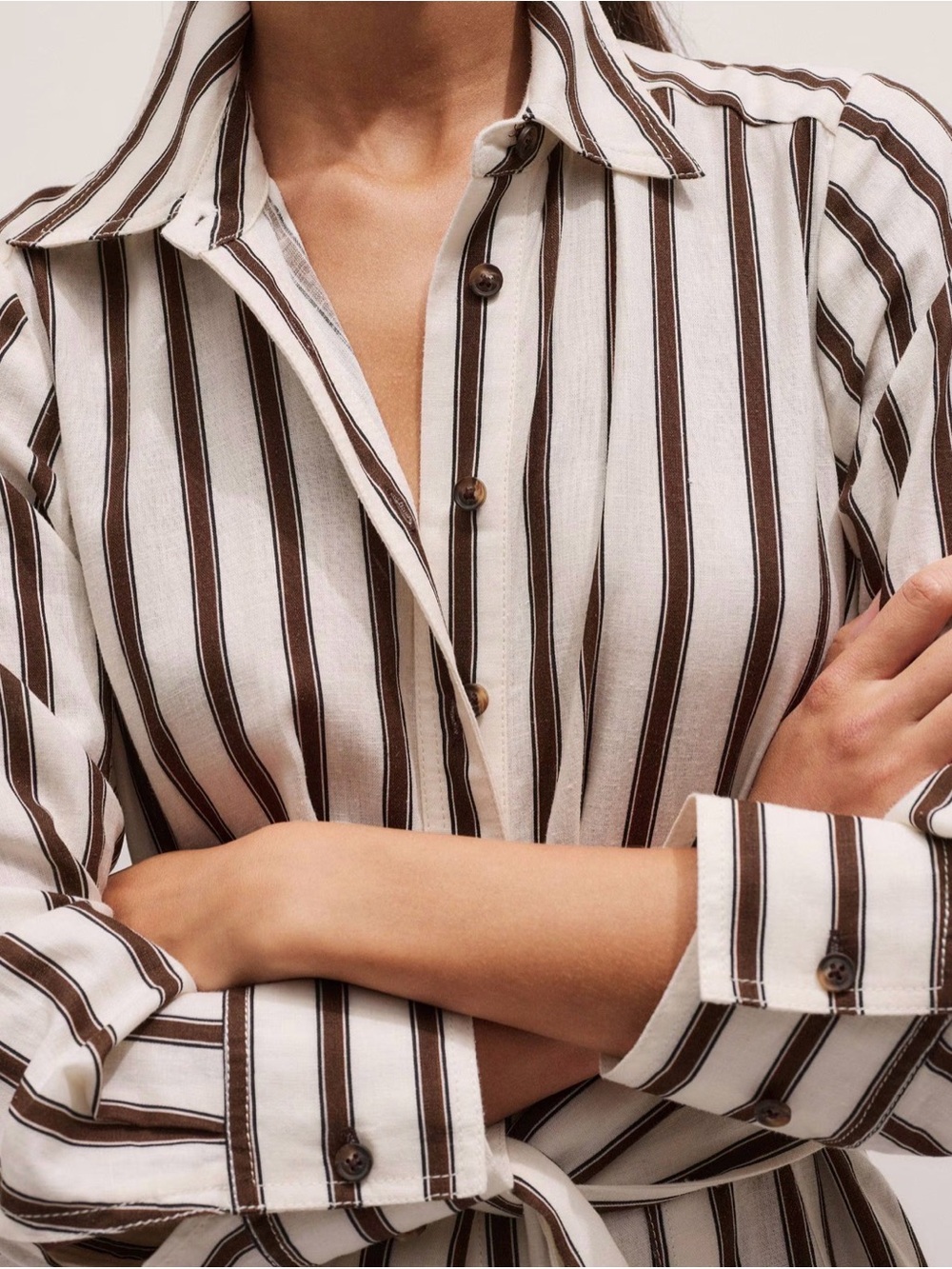 ME+EM Ivory Linen Shirt Dress with Brown Stripes - Picture 8 of 8